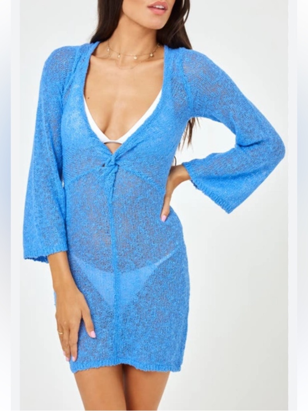 L*SPACE Palisades Long Sleeve Sheer Cover-Up Minidress in Verdi Peri